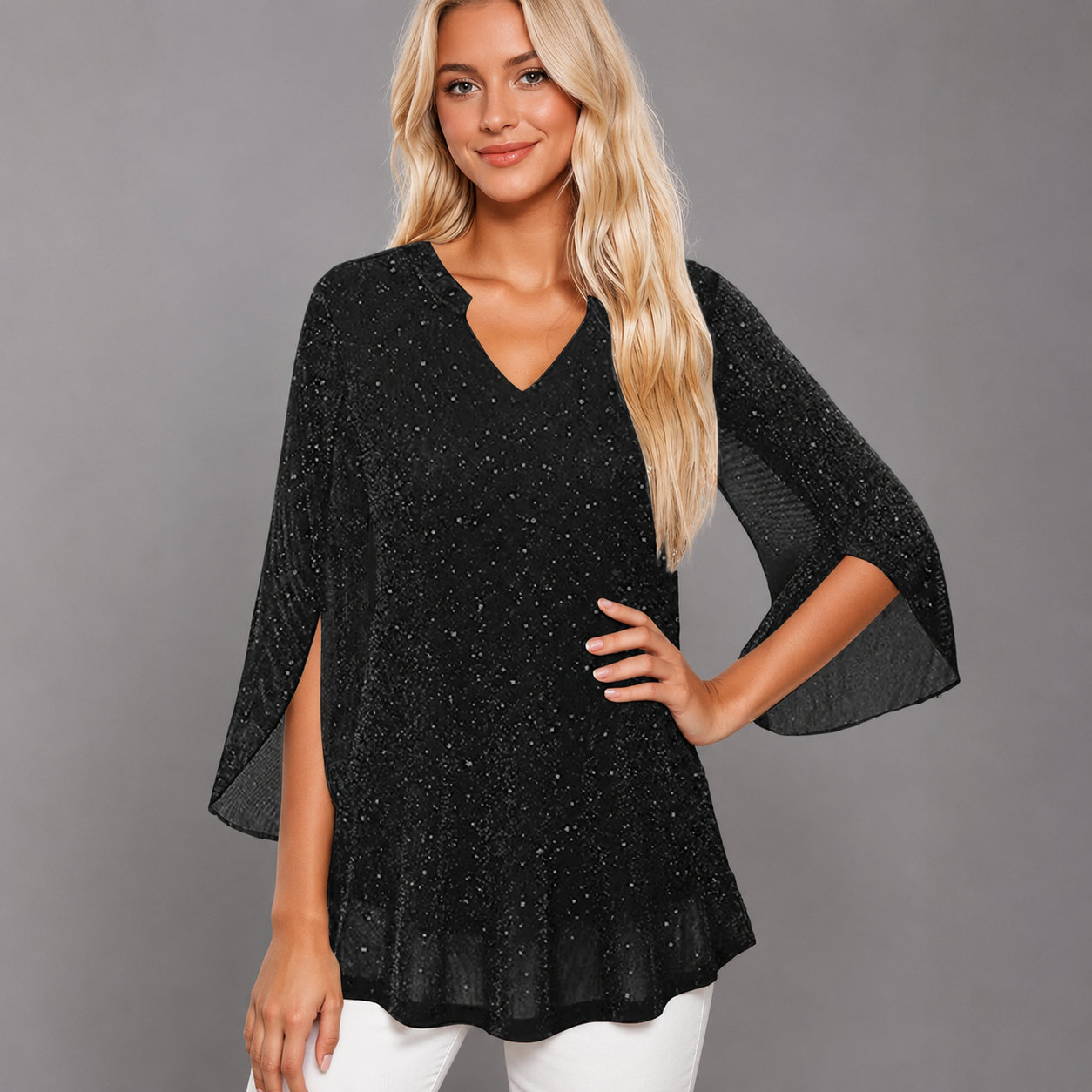 Women's Chiffon Tunic Top – Sequined V-Neck with Hollow Out Design