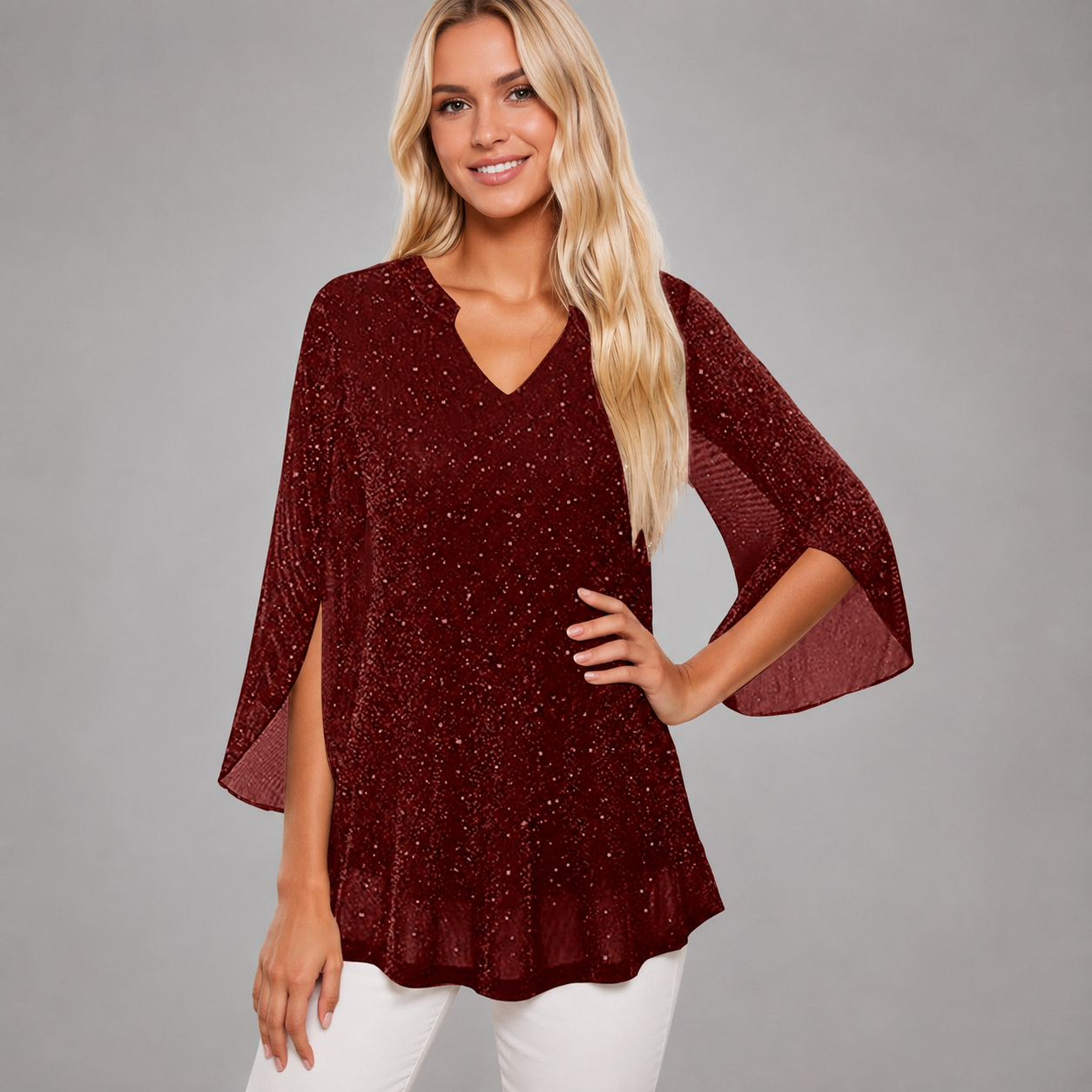 Women's Chiffon Tunic Top – Sequined V-Neck with Hollow Out Design