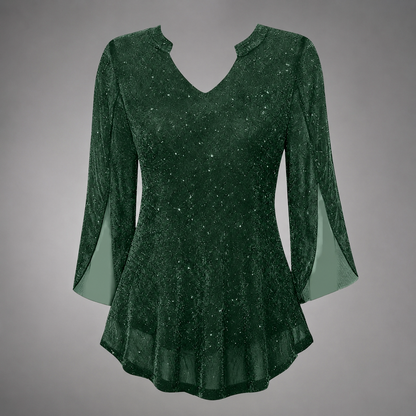 Women's Chiffon Tunic Top – Sequined V-Neck with Hollow Out Design