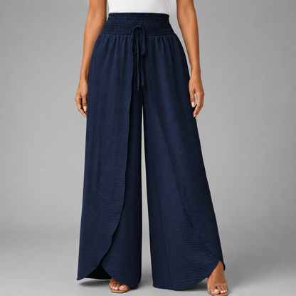 Women's Sage Green High Waist Wide Leg Pants – Smocked Drawstring with Split Detail