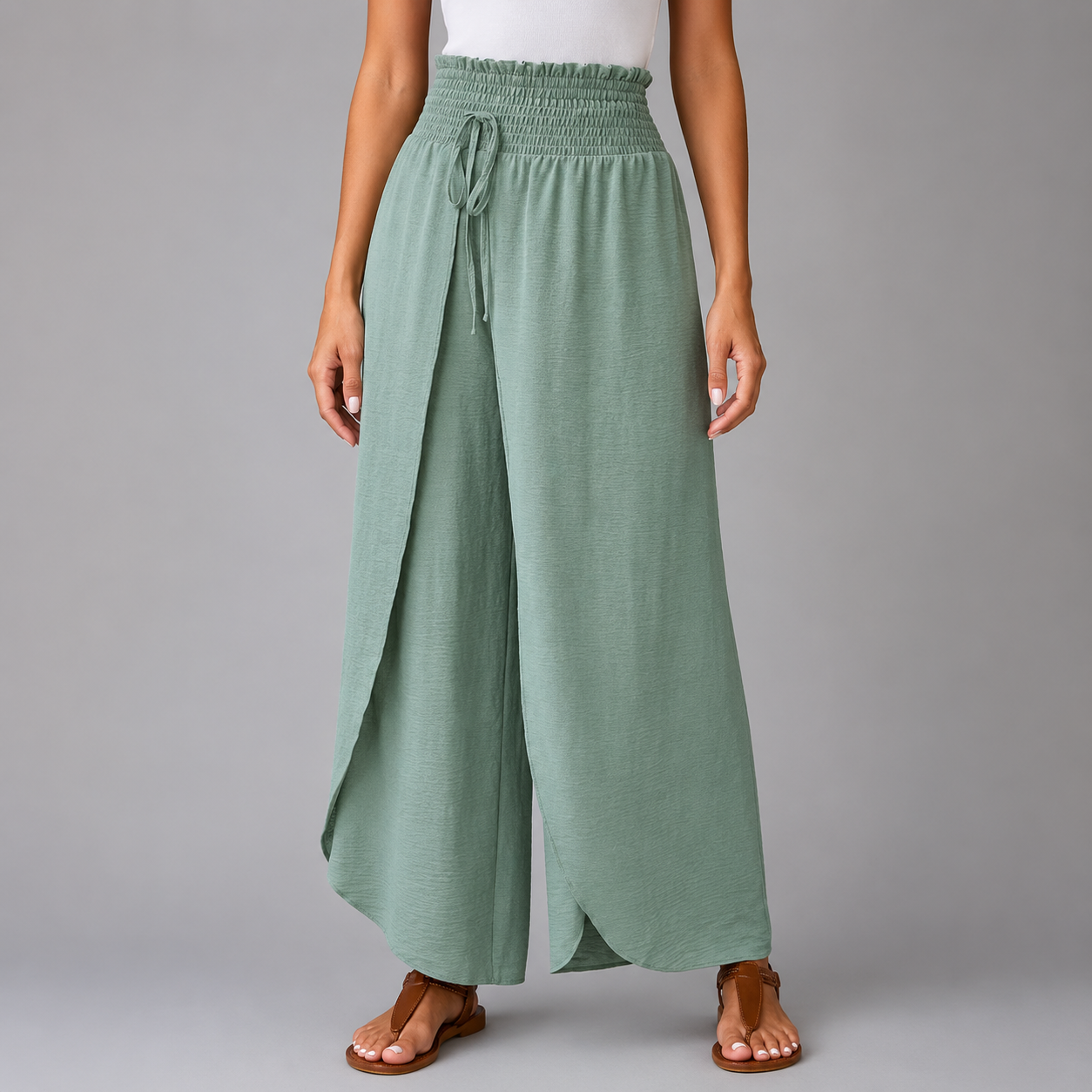 Women's Sage Green High Waist Wide Leg Pants – Smocked Drawstring with Split Detail
