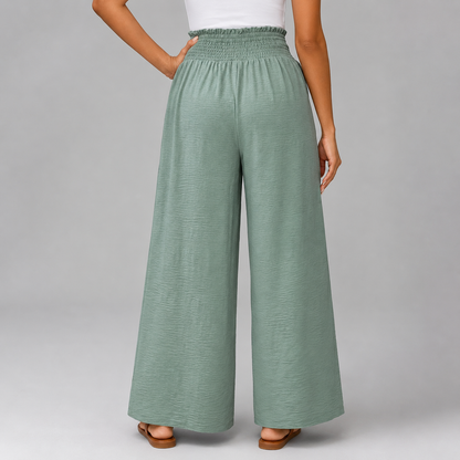 Women's Sage Green High Waist Wide Leg Pants – Smocked Drawstring with Split Detail