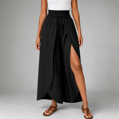 Women's Sage Green High Waist Wide Leg Pants – Smocked Drawstring with Split Detail