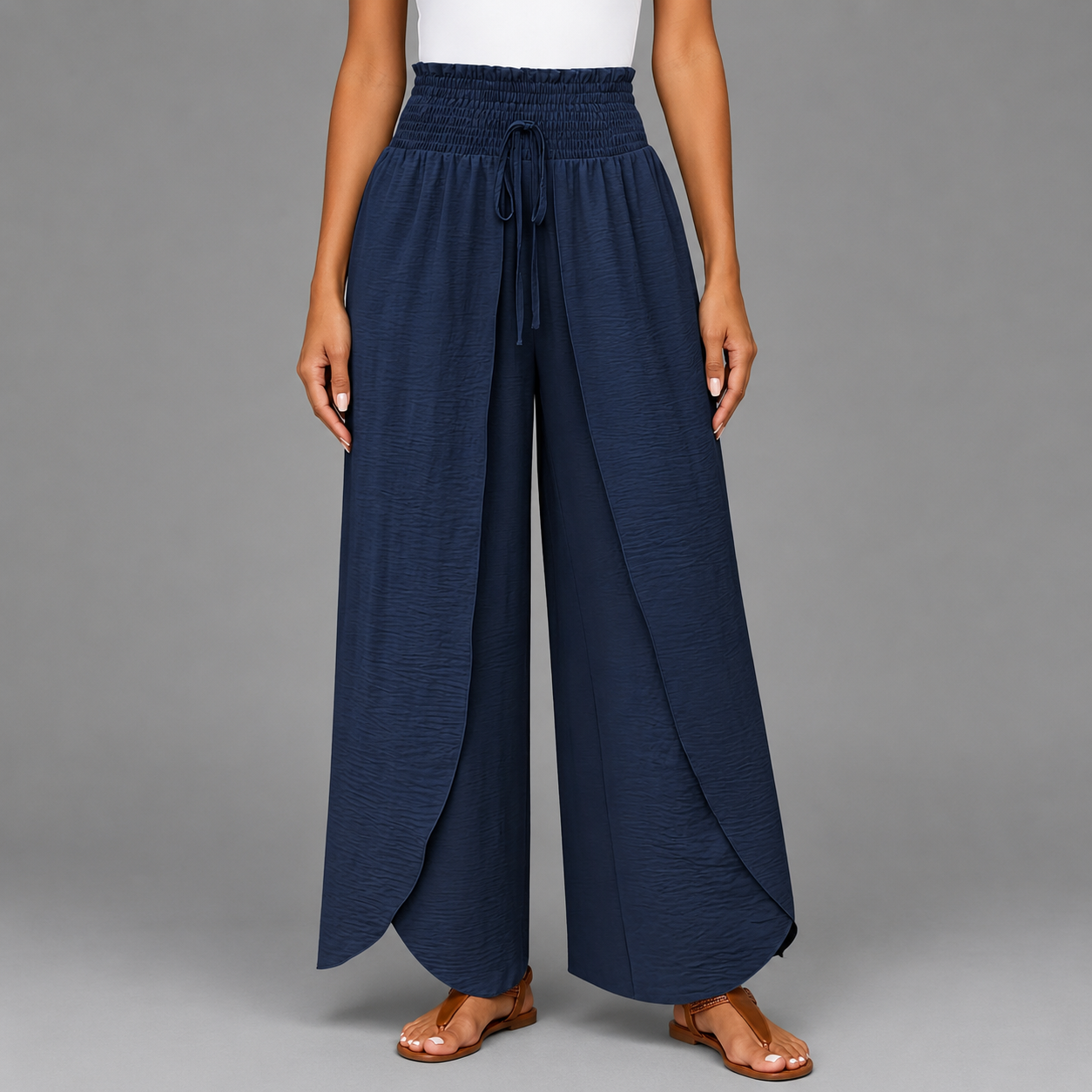 Women's Sage Green High Waist Wide Leg Pants – Smocked Drawstring with Split Detail