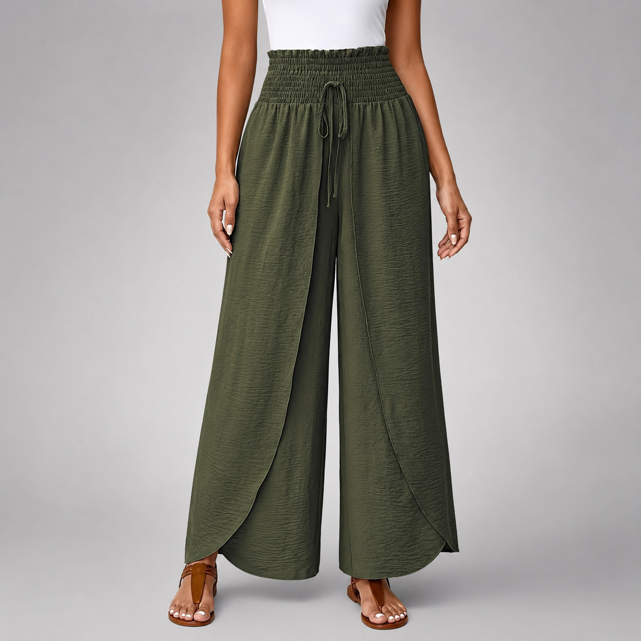 Women's Sage Green High Waist Wide Leg Pants – Smocked Drawstring with Split Detail