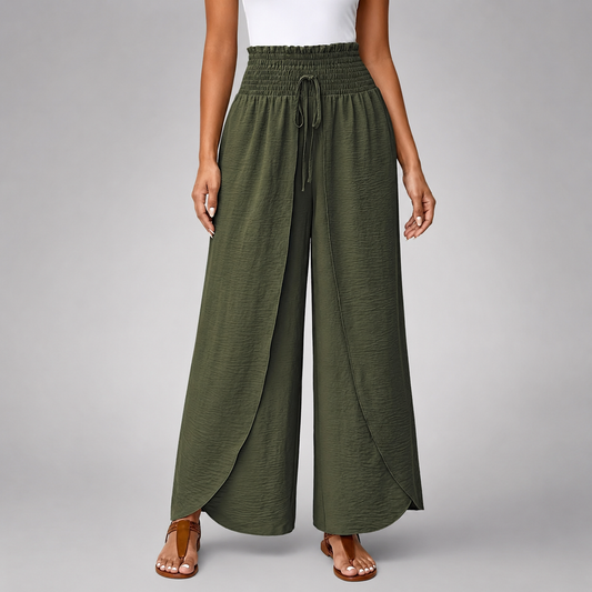 Women's Sage Green High Waist Wide Leg Pants – Smocked Drawstring with Split Detail