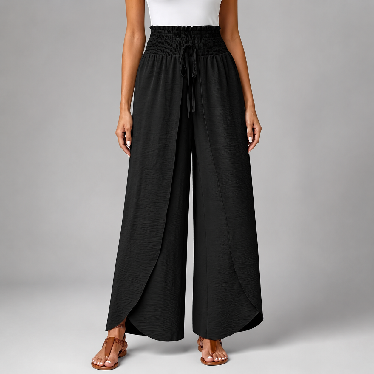 Women's Sage Green High Waist Wide Leg Pants – Smocked Drawstring with Split Detail