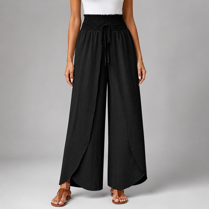 Women's Sage Green High Waist Wide Leg Pants – Smocked Drawstring with Split Detail