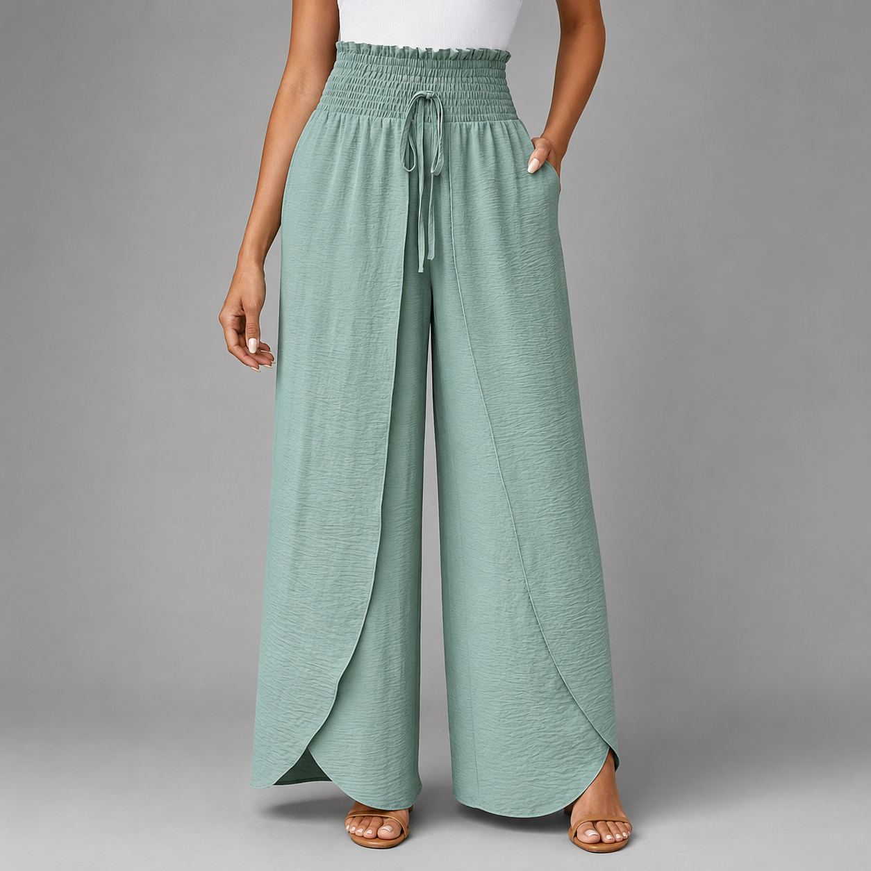 Women's Sage Green High Waist Wide Leg Pants – Smocked Drawstring with Split Detail