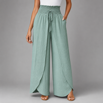 Women's Sage Green High Waist Wide Leg Pants – Smocked Drawstring with Split Detail