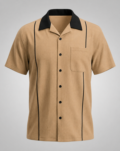 Men's Cotton Retro Bowling Shirt – Contrast Piping with Camp Collar – Regular Fit