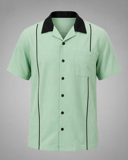 Men's Cotton Retro Bowling Shirt – Contrast Piping with Camp Collar – Regular Fit