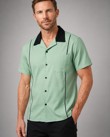 Men's Cotton Retro Bowling Shirt – Contrast Piping with Camp Collar – Regular Fit