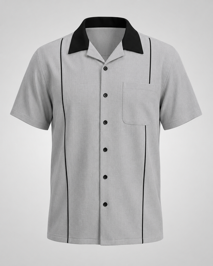 Men's Cotton Retro Bowling Shirt – Contrast Piping with Camp Collar – Regular Fit