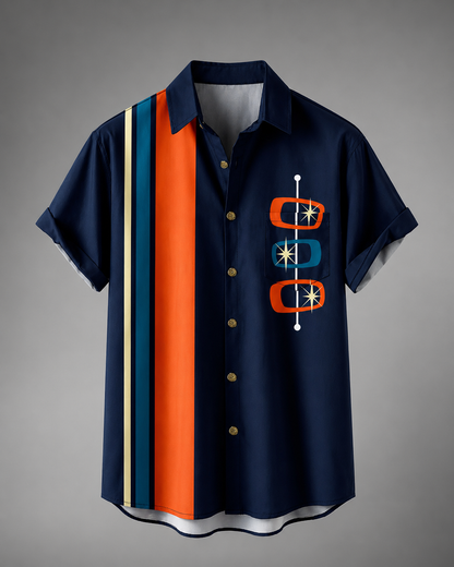 Men's Lightweight  Short Sleeve Bowling Shirt – Geometric Patterns with Button Closure and Spread Collar