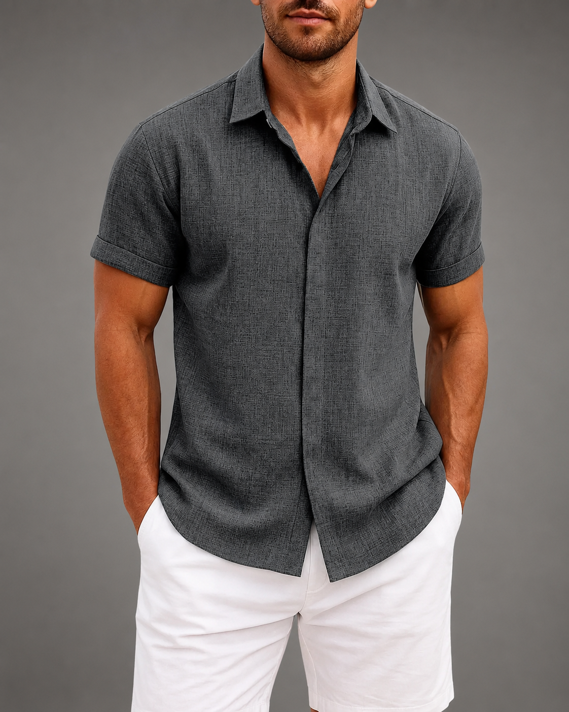 Men's Linen Cotton Blend Short Sleeve Shirt – Slim Fit with Spread Collar