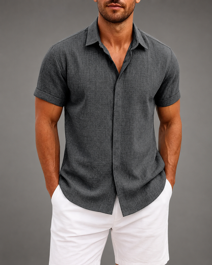 Men's Linen Cotton Blend Short Sleeve Shirt – Slim Fit with Spread Collar