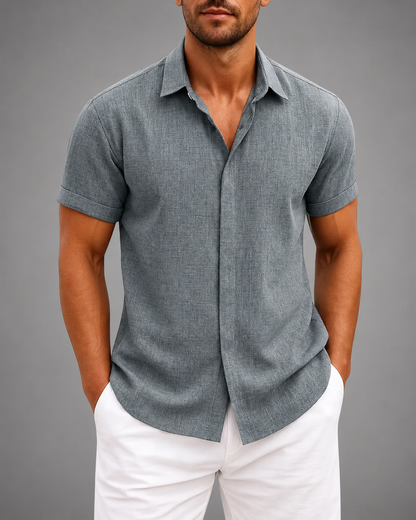 Men's Linen Cotton Blend Short Sleeve Shirt – Slim Fit with Spread Collar