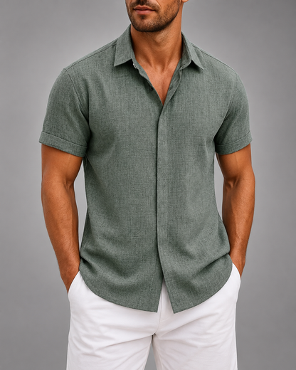 Men's Linen Cotton Blend Short Sleeve Shirt – Slim Fit with Spread Collar