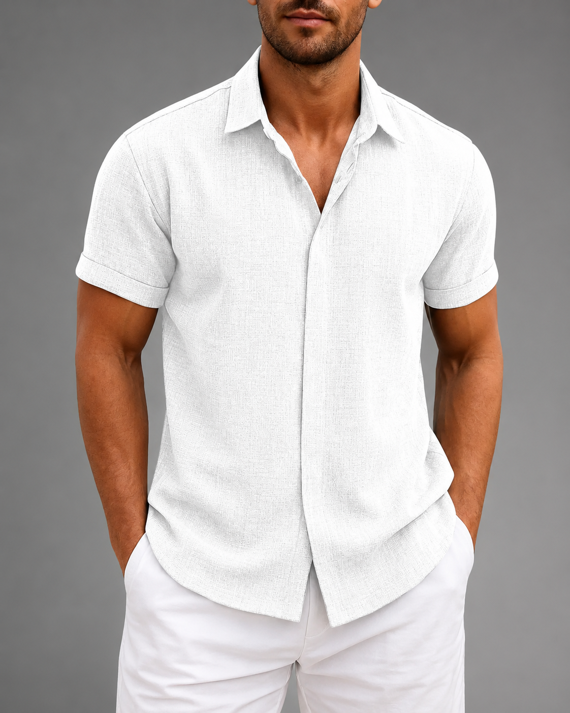 Men's Linen Cotton Blend Short Sleeve Shirt – Slim Fit with Spread Collar