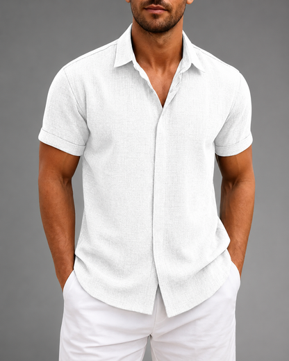Men's Linen Cotton Blend Short Sleeve Shirt – Slim Fit with Spread Collar