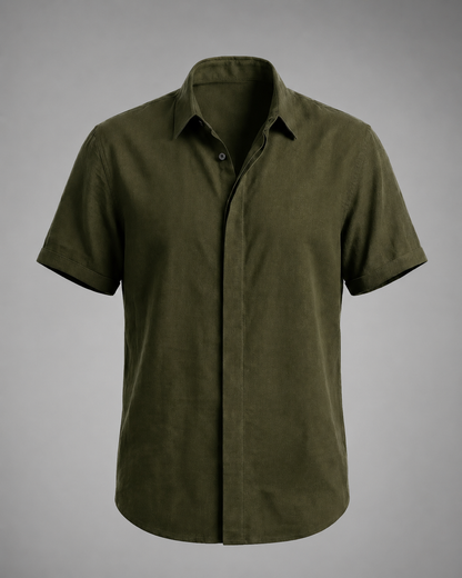 Men's Linen Cotton Blend Short Sleeve Shirt – Slim Fit with Spread Collar