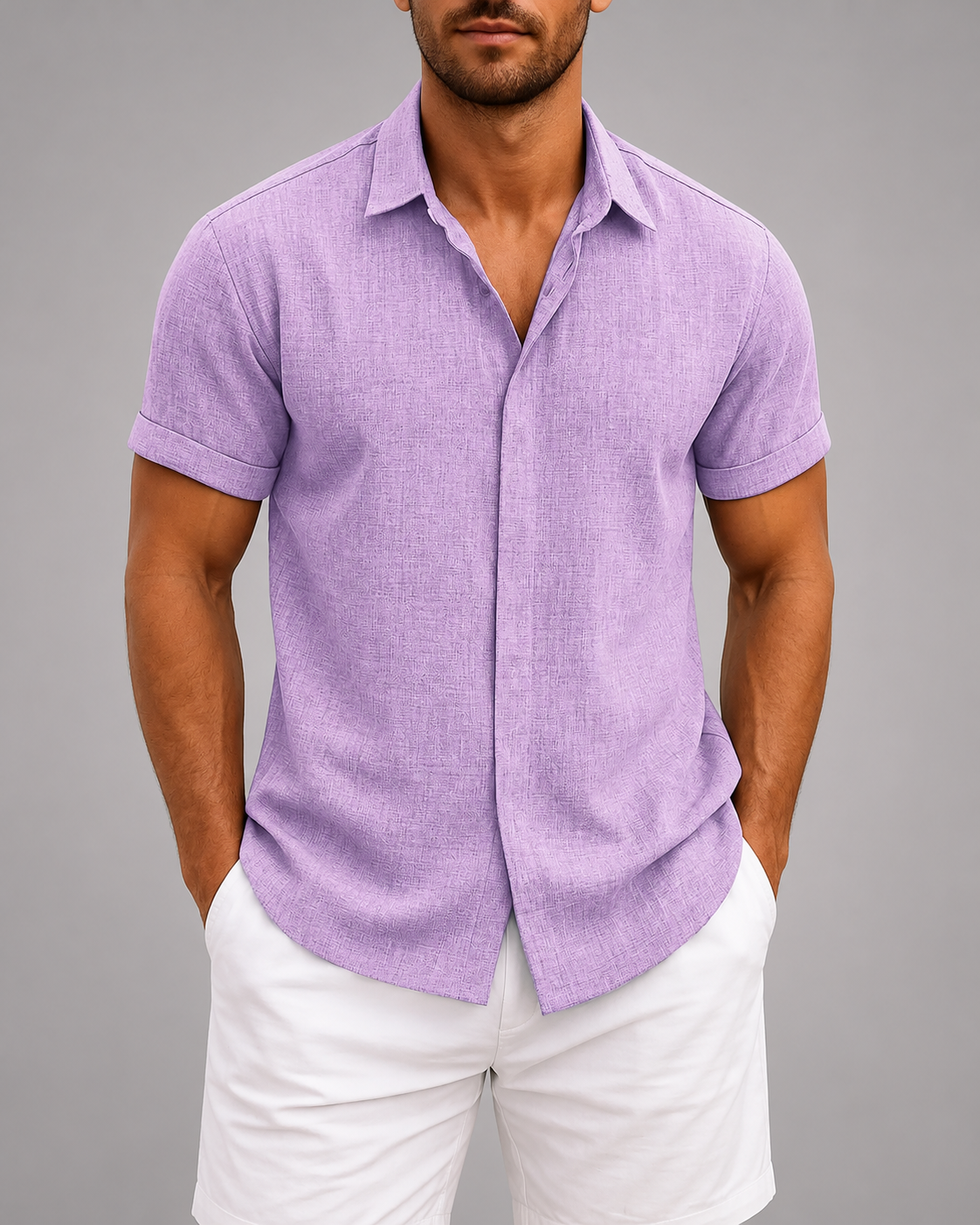 Men's Linen Cotton Blend Short Sleeve Shirt – Slim Fit with Spread Collar