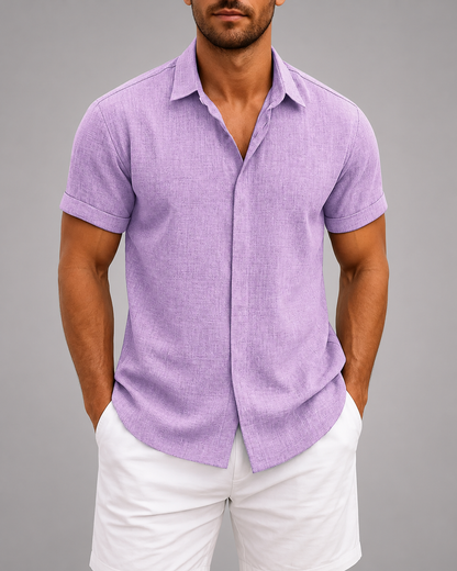 Men's Linen Cotton Blend Short Sleeve Shirt – Slim Fit with Spread Collar