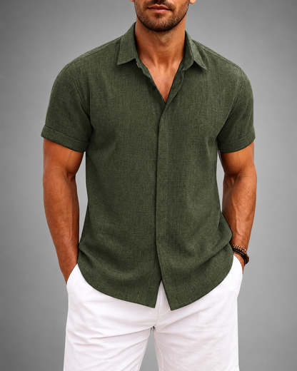 Men's Linen Cotton Blend Short Sleeve Shirt – Slim Fit with Spread Collar