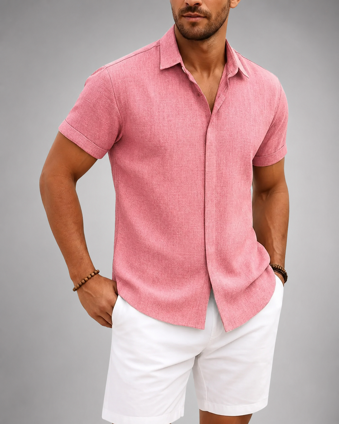 Men's Linen Cotton Blend Short Sleeve Shirt – Slim Fit with Spread Collar