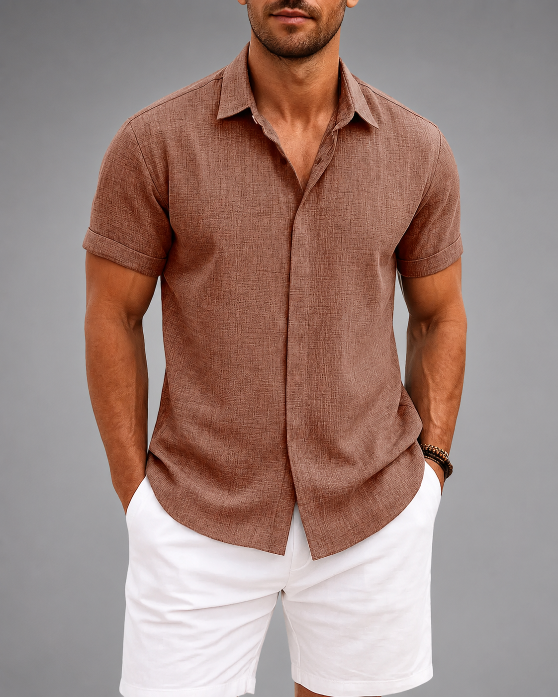 Men's Linen Cotton Blend Short Sleeve Shirt – Slim Fit with Spread Collar