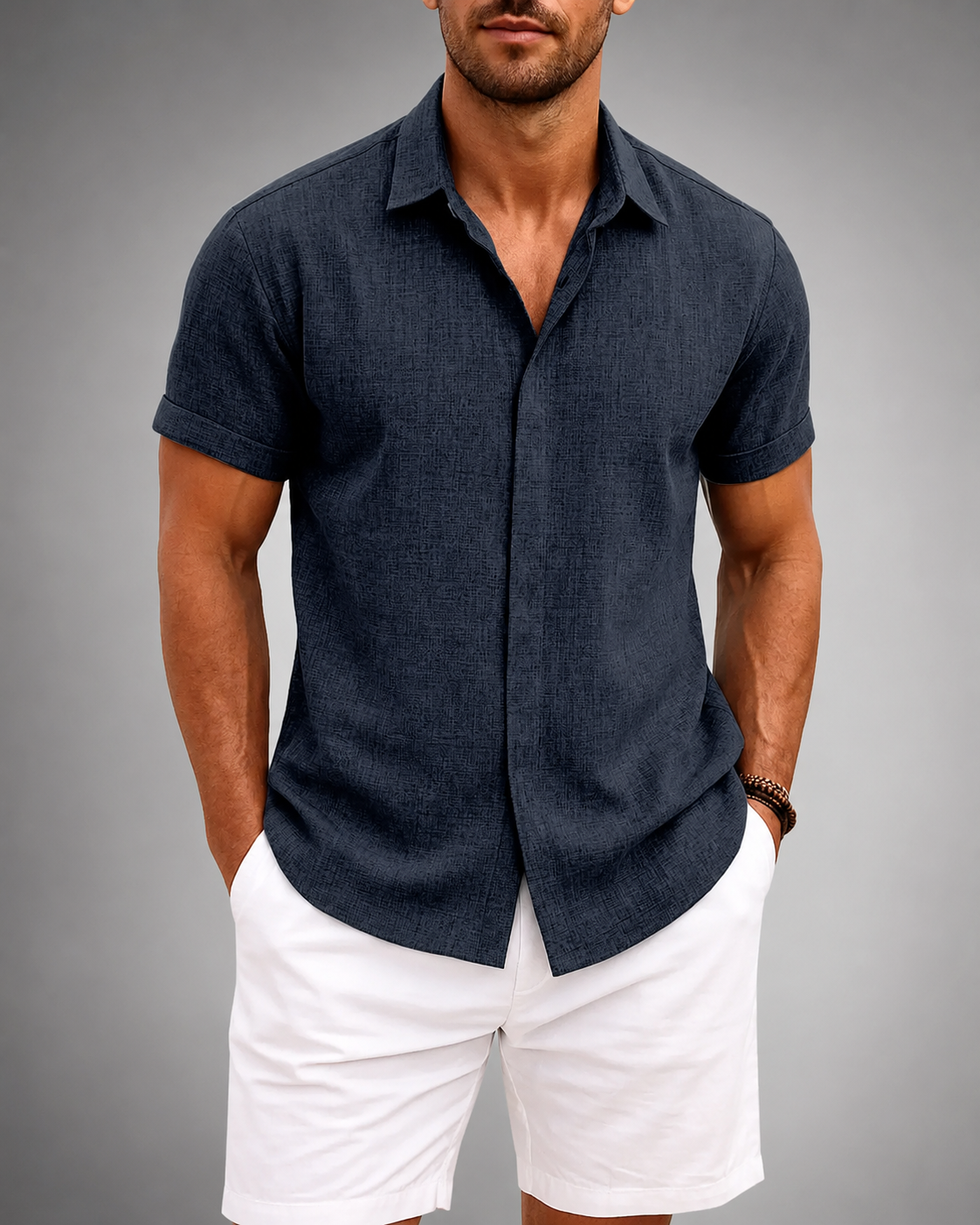 Men's Linen Cotton Blend Short Sleeve Shirt – Slim Fit with Spread Collar