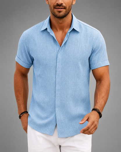 Men's Linen Cotton Blend Short Sleeve Shirt – Slim Fit with Spread Collar