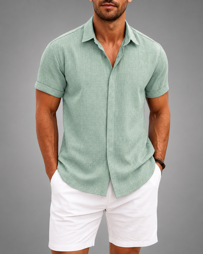 Men's Linen Cotton Blend Short Sleeve Shirt – Slim Fit with Spread Collar