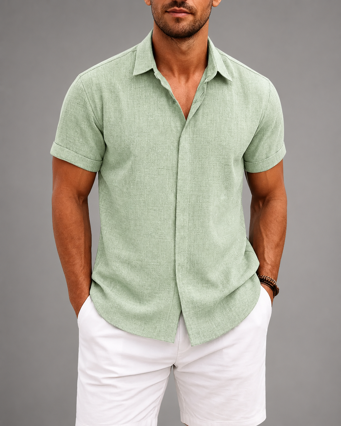 Men's Linen Cotton Blend Short Sleeve Shirt – Slim Fit with Spread Collar