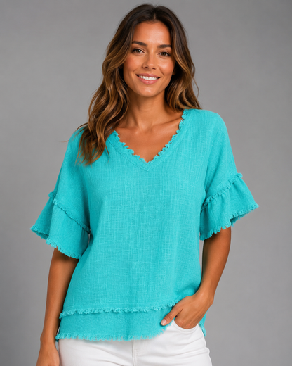 Women's Polyester Pullover Shirt – V-Neck Short Sleeve Loose Fit – Available in Plus Size