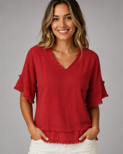 Women's Polyester Pullover Shirt – V-Neck Short Sleeve Loose Fit – Available in Plus Size