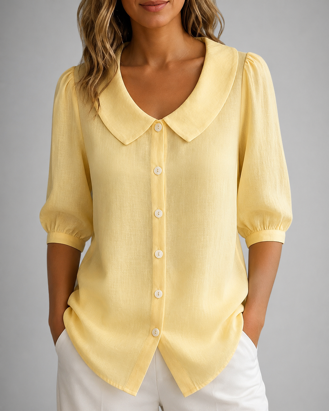 Women's Breathable Linen Short Sleeve Top – Relaxed Fit, Collar Neckline