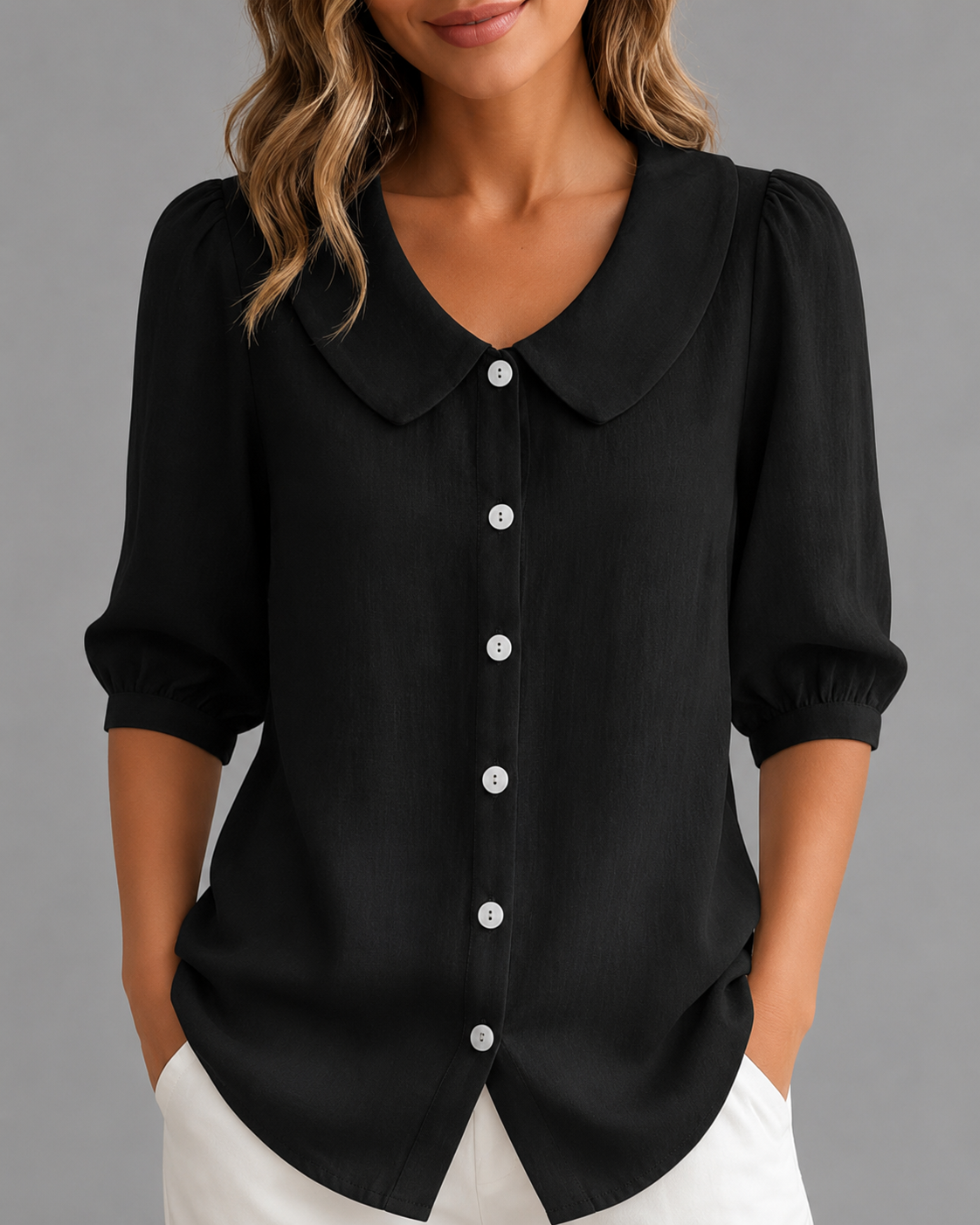 Women's Breathable Linen Short Sleeve Top – Relaxed Fit, Collar Neckline
