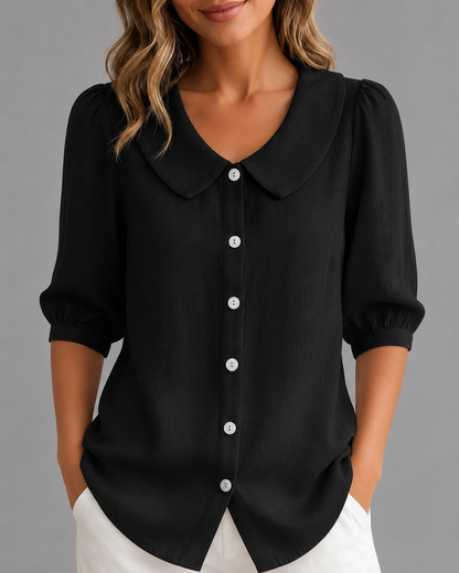 Women's Breathable Linen Short Sleeve Top – Relaxed Fit, Collar Neckline