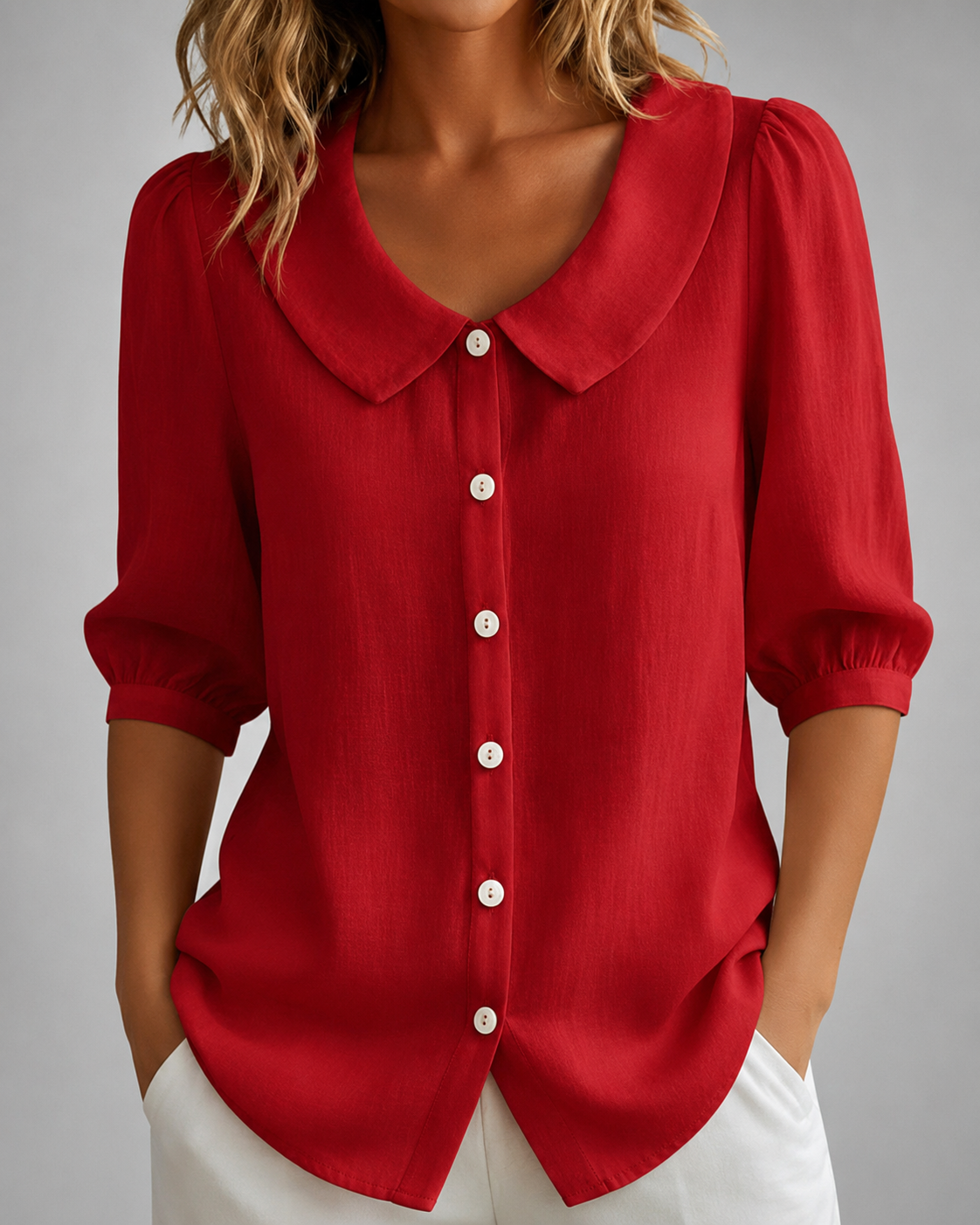 Women's Breathable Linen Short Sleeve Top – Relaxed Fit, Collar Neckline