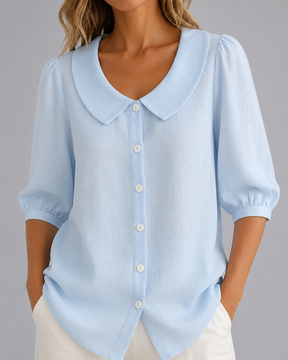 Women's Breathable Linen Short Sleeve Top – Relaxed Fit, Collar Neckline