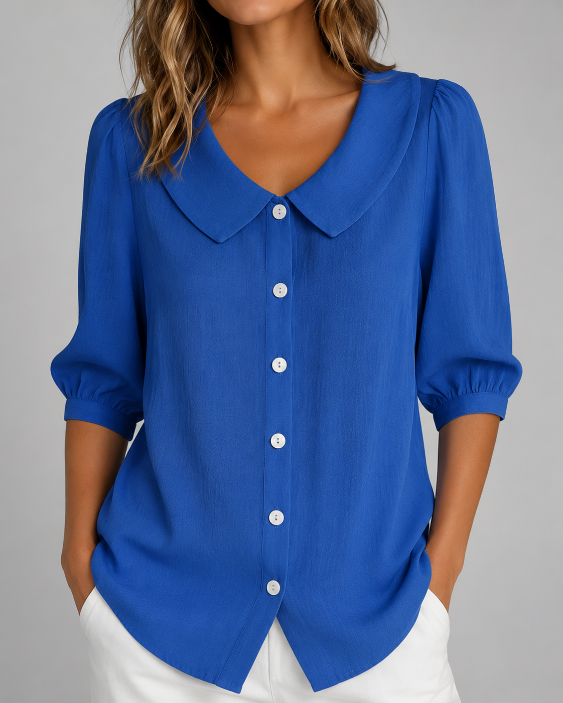 Women's Breathable Linen Short Sleeve Top – Relaxed Fit, Collar Neckline