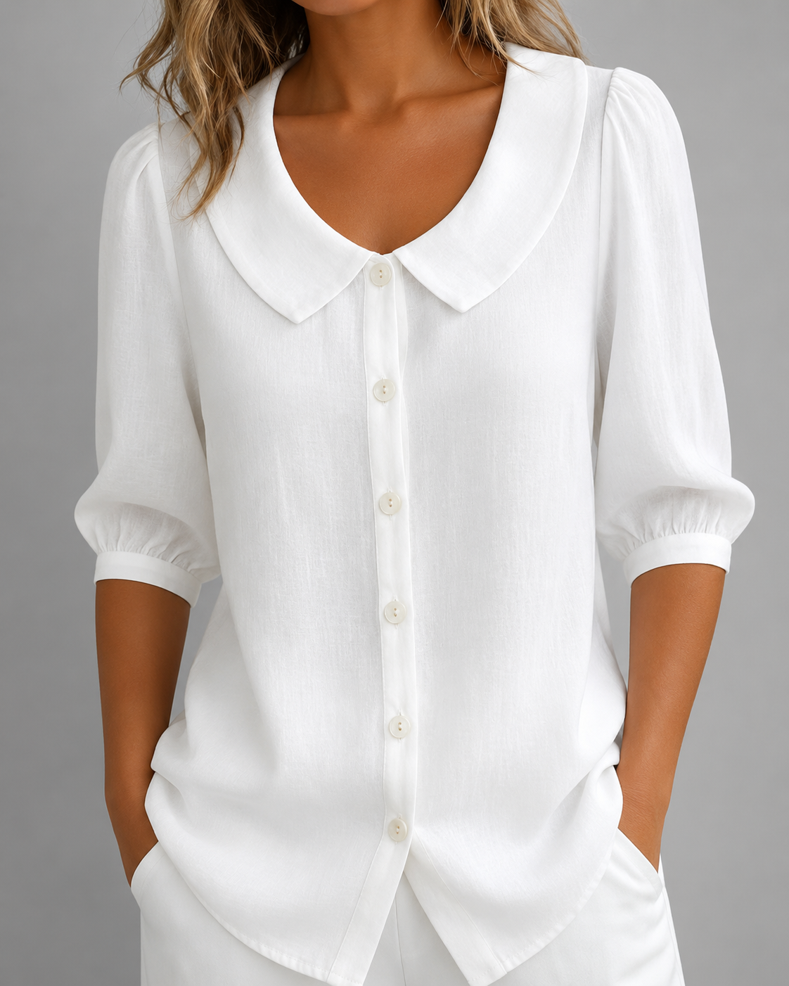 Women's Breathable Linen Short Sleeve Top – Relaxed Fit, Collar Neckline
