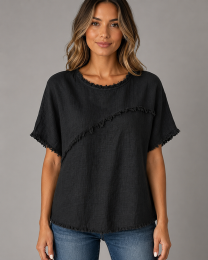 Women's Cotton-Linen Top – Short Sleeve with Fringe Detailing