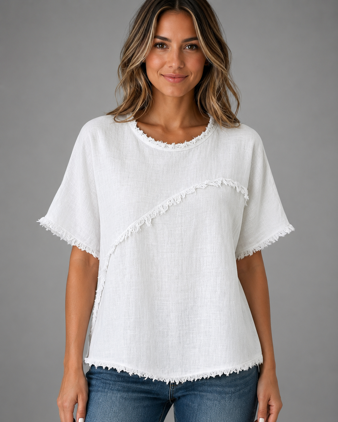 Women's Cotton-Linen Top – Short Sleeve with Fringe Detailing