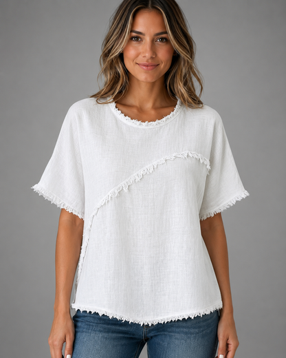 Women's Cotton-Linen Top – Short Sleeve with Fringe Detailing