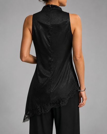 Women's Satin Halter Top – Asymmetric Hem with Lace Trim