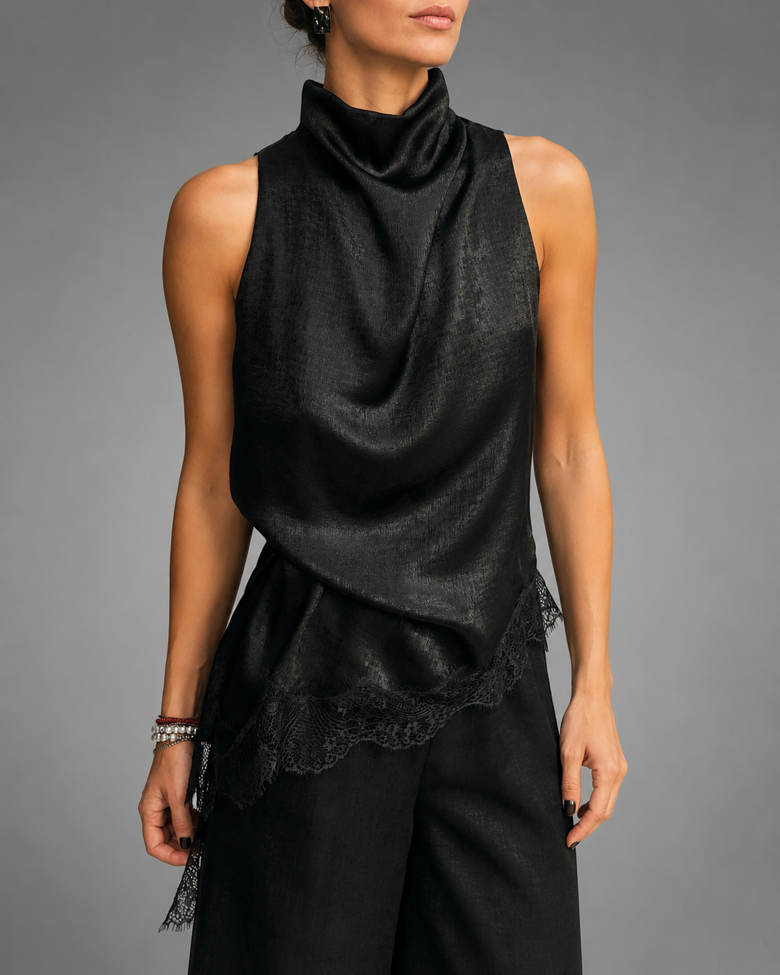 Women's Satin Halter Top – Asymmetric Hem with Lace Trim