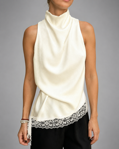 Women's Satin Halter Top – Asymmetric Hem with Lace Trim